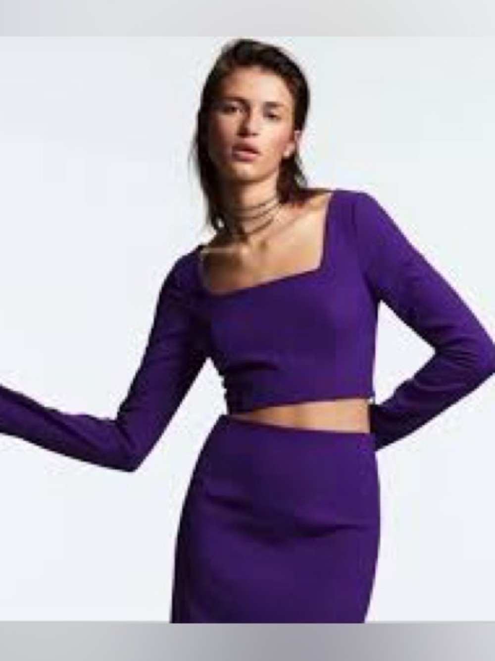 Zara two pieces mini skirt set Long Sleeve Square Neck Crop Top in Purple